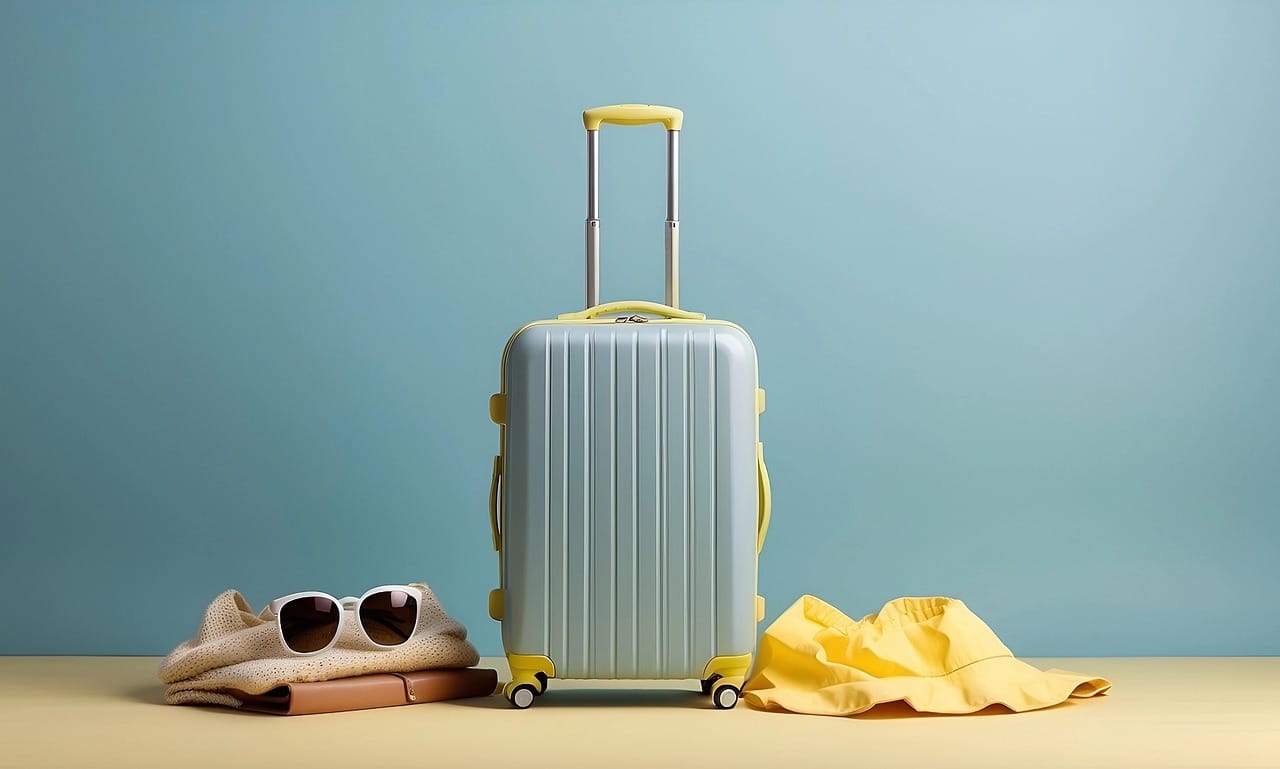 Matkalaukku aurinkolasit ja hattu